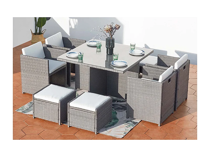 Tuinset 8 Plaatsen van Grijs/Wit Vlechtwerk - Verwijderbare Glazen Tafel - Stabiele en Comfortabele Stoelen