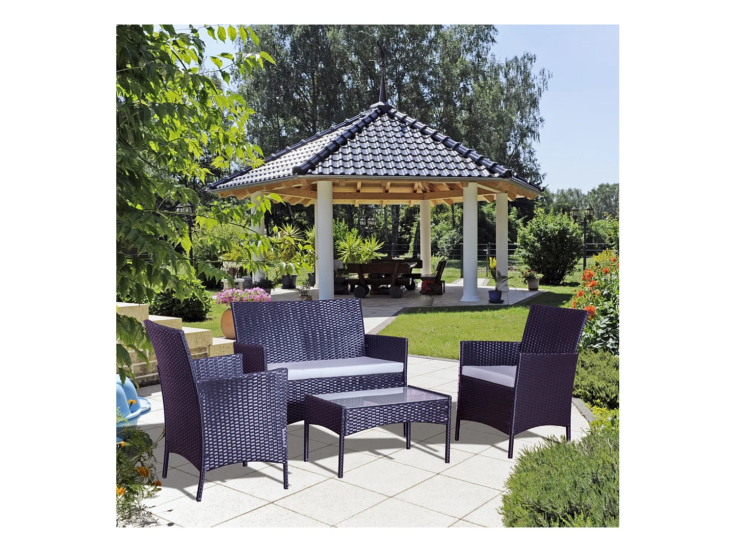 Salotto da giardino 4 posti in resina intrecciata nero/grigio MYKONOS