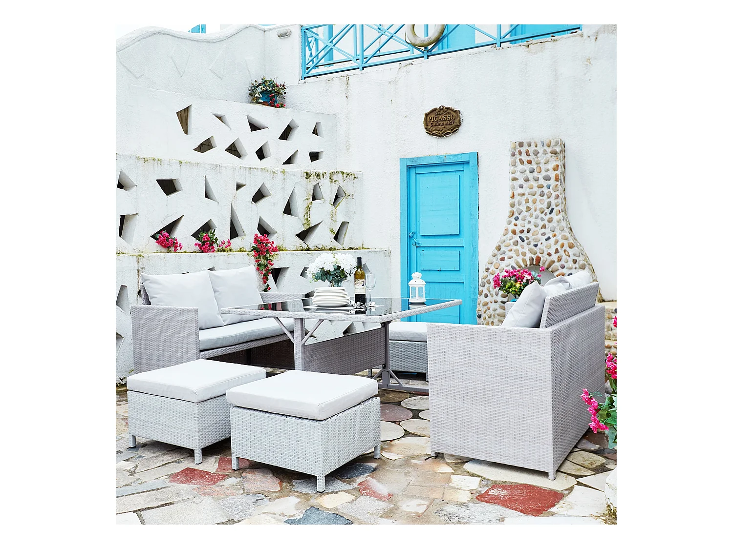 Salon de jardin encastrable 8 places en résine gris NOUMÉA