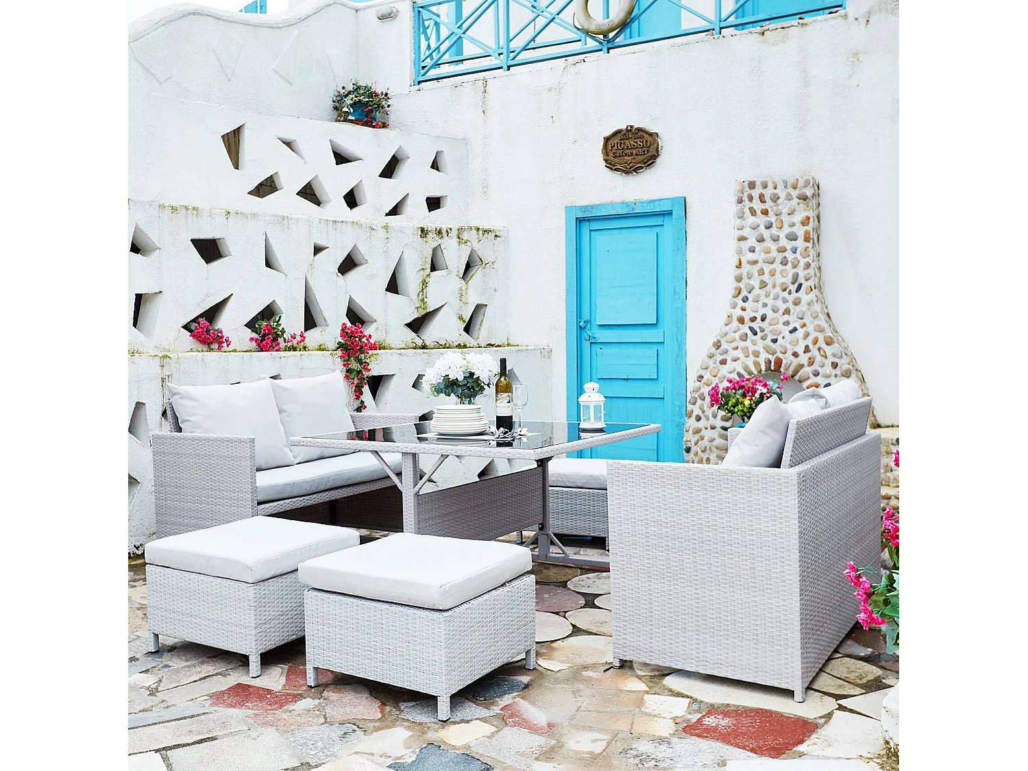 Salon de jardin encastrable 8 places en résine gris NOUMÉA