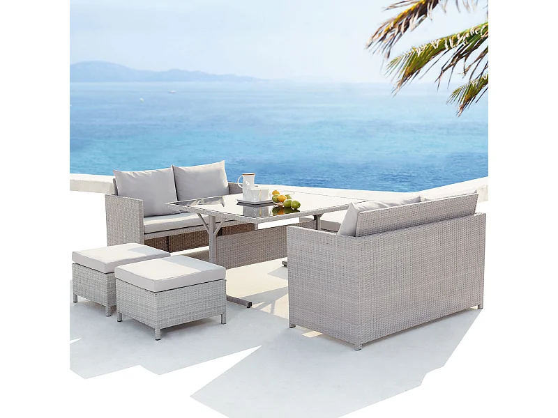 Salotto da giardino a incasso 8 posti resina intrecciata grigio/bianco NOUMÉA