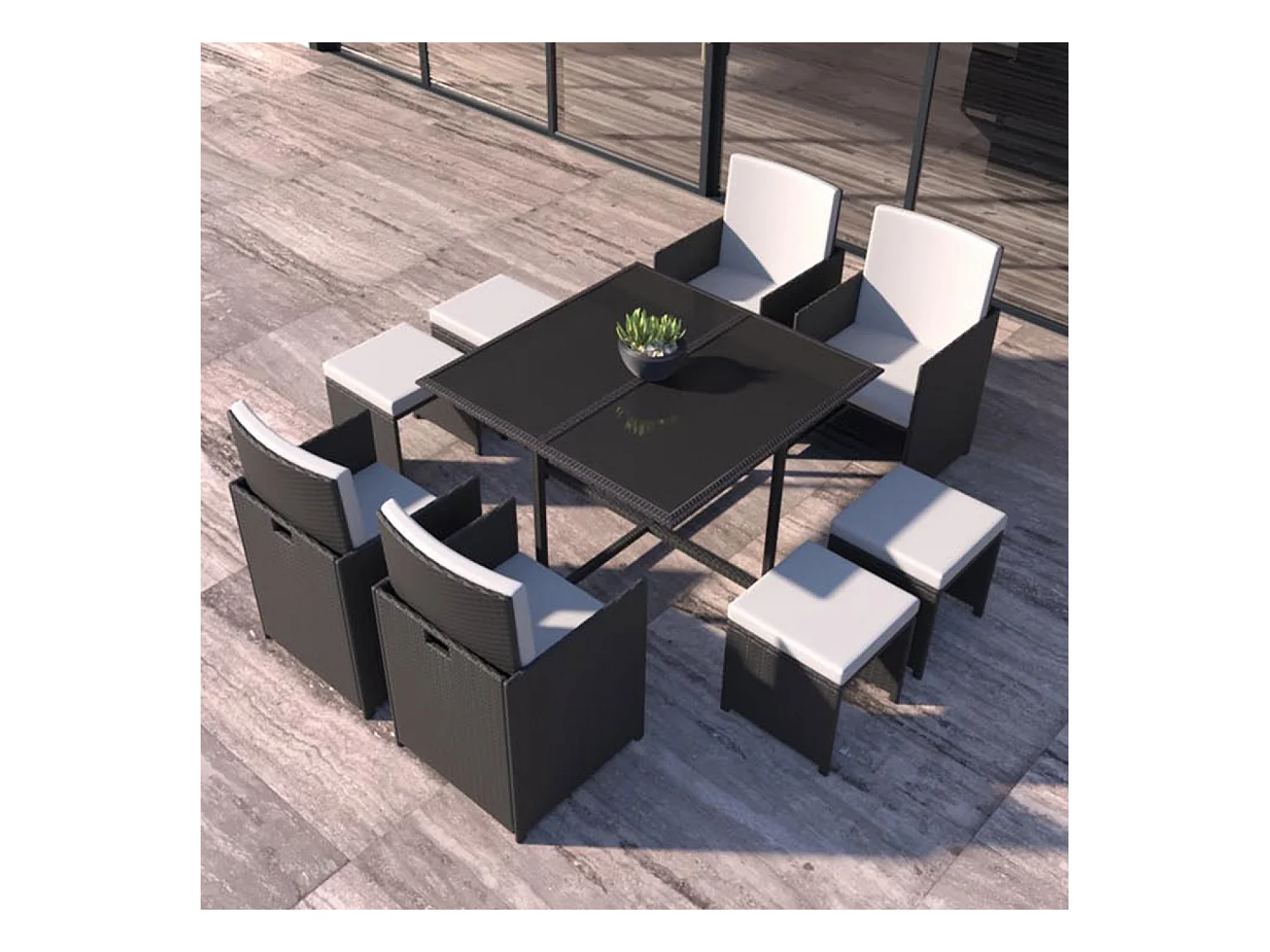 Table et chaises 8 places en résine tressée noir et blanc FLORIDA
