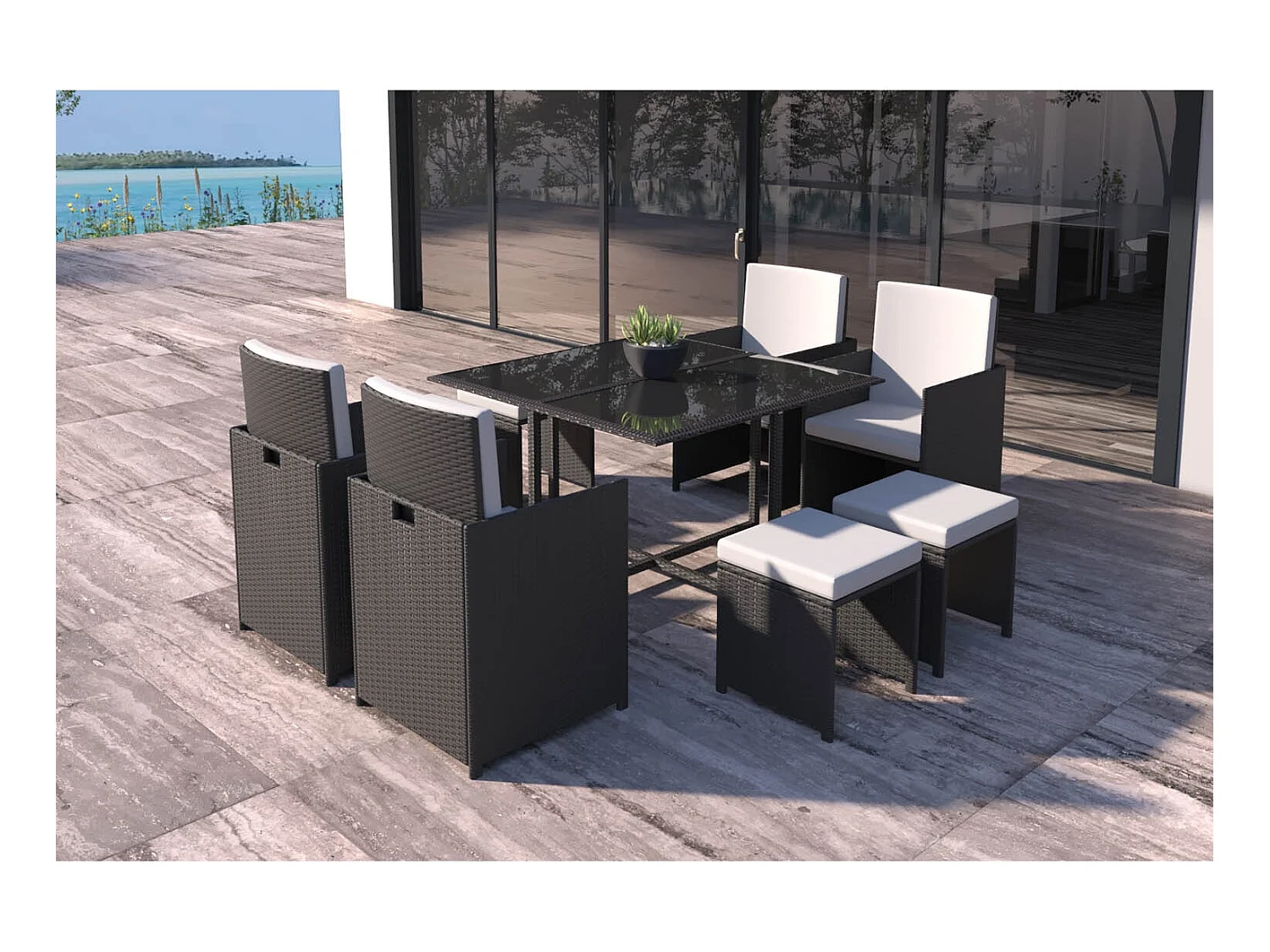 Table et chaises 8 places en résine tressée noir et blanc FLORIDA