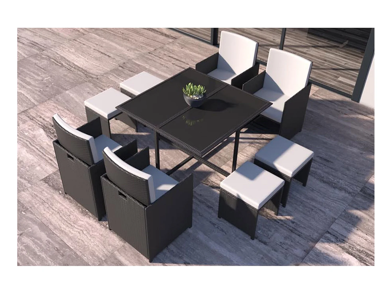 Table et chaises 8 places en résine tressée noir et blanc FLORIDA