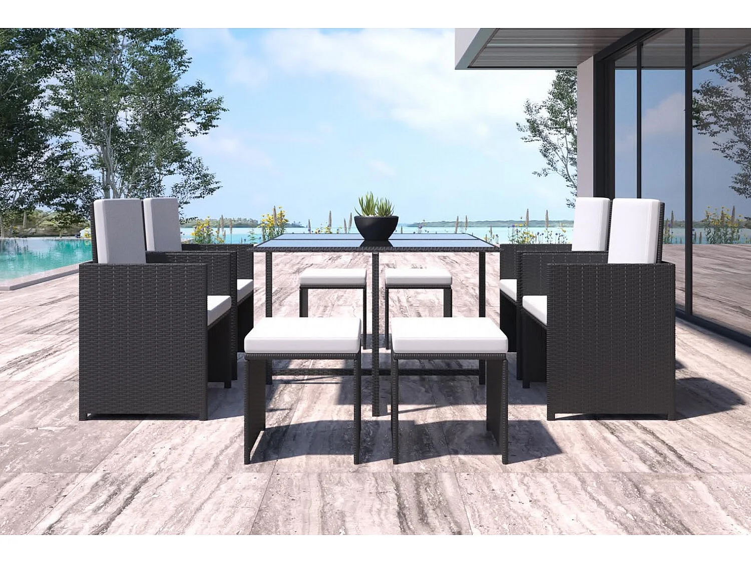 Table et chaises 8 places en résine tressée noir et blanc FLORIDA