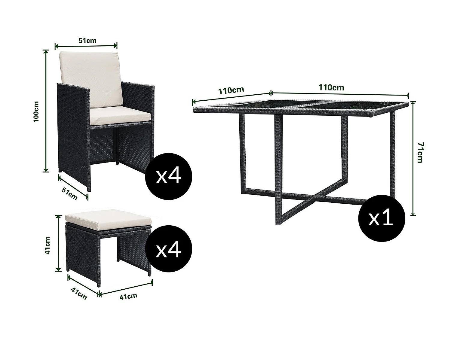 Table et chaises 8 places en résine tressée noir et blanc FLORIDA