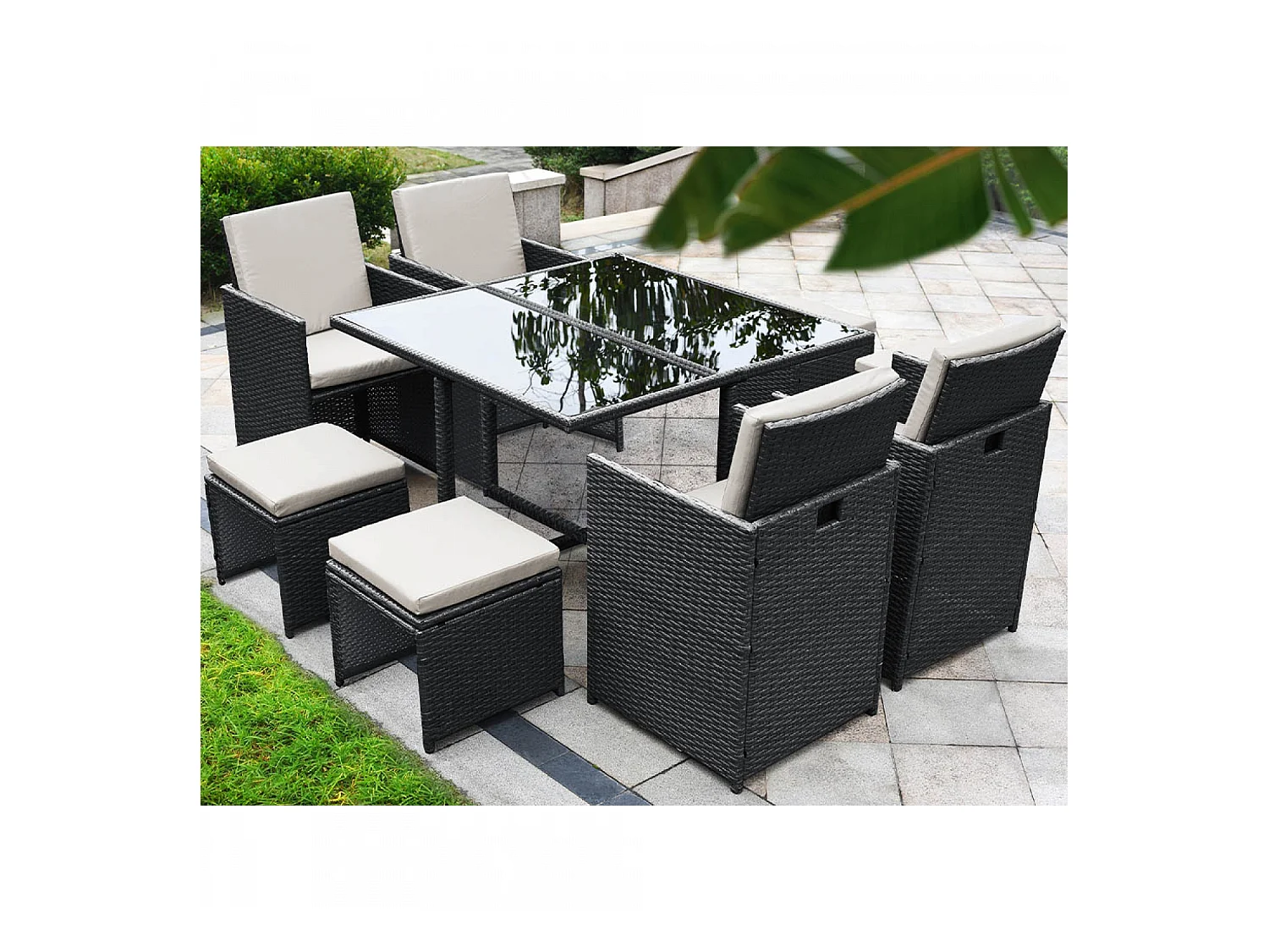 Table et chaises 8 places en résine tressée noir et blanc FLORIDA