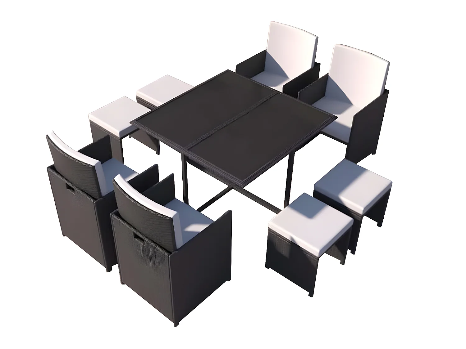 Table et chaises 8 places en résine tressée noir et blanc FLORIDA