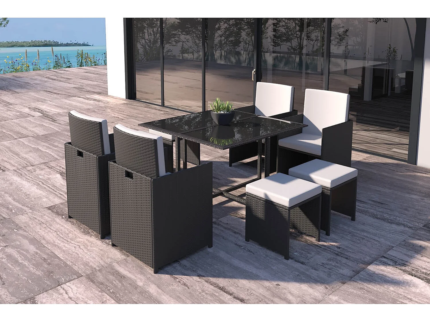 Table et chaises 8 places en résine tressée noir et blanc FLORIDA