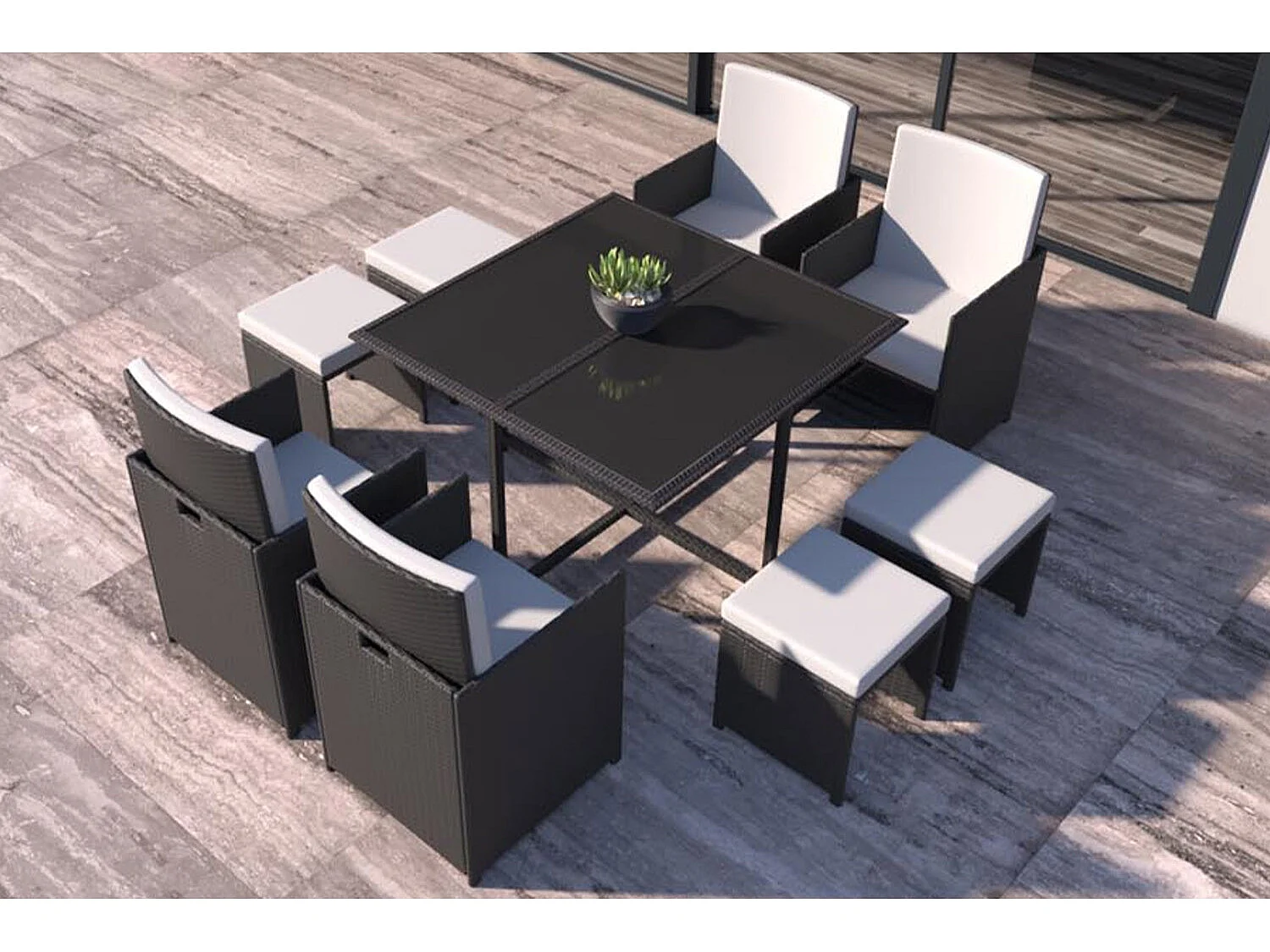 Table et chaises 8 places en résine tressée noir et blanc FLORIDA