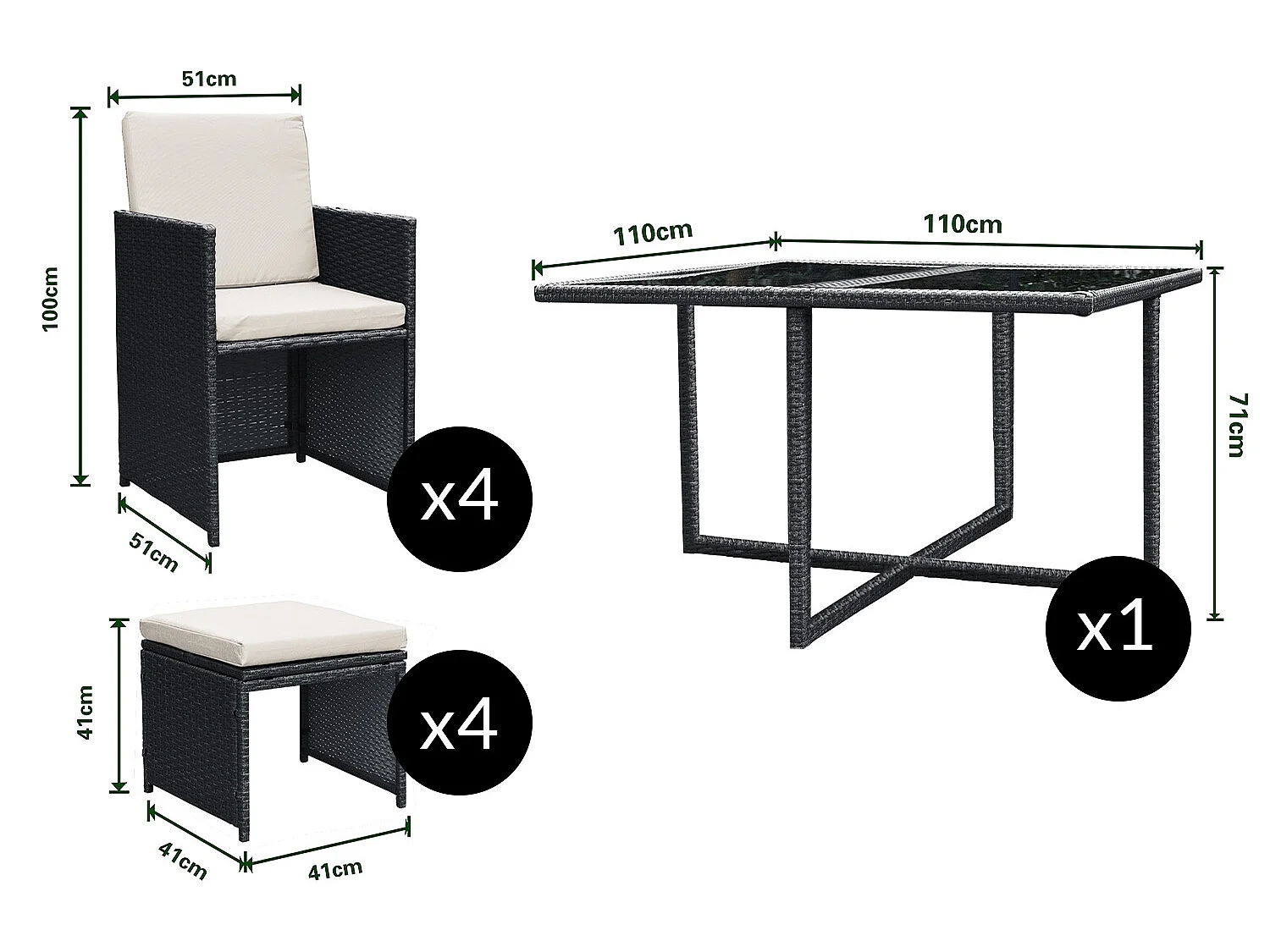 Table et chaises 8 places en résine tressée noir et blanc FLORIDA