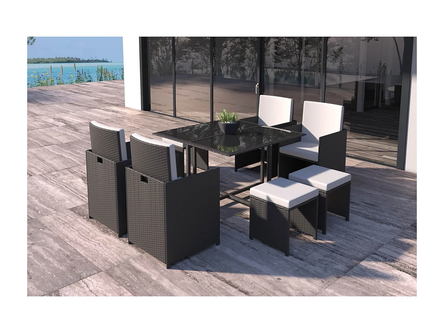 Loungeset 8 personen van zwart/wit gevlochten kunststof FLORIDA - Modern, in elkaar te schuiven, elegant