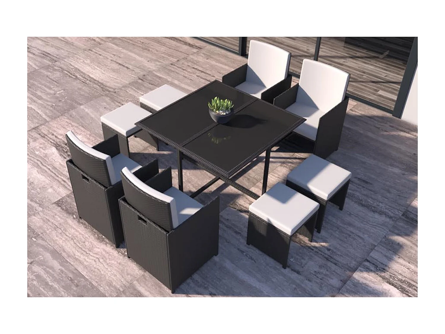 Loungeset 8 personen van zwart/wit gevlochten kunststof FLORIDA - Modern, in elkaar te schuiven, elegant