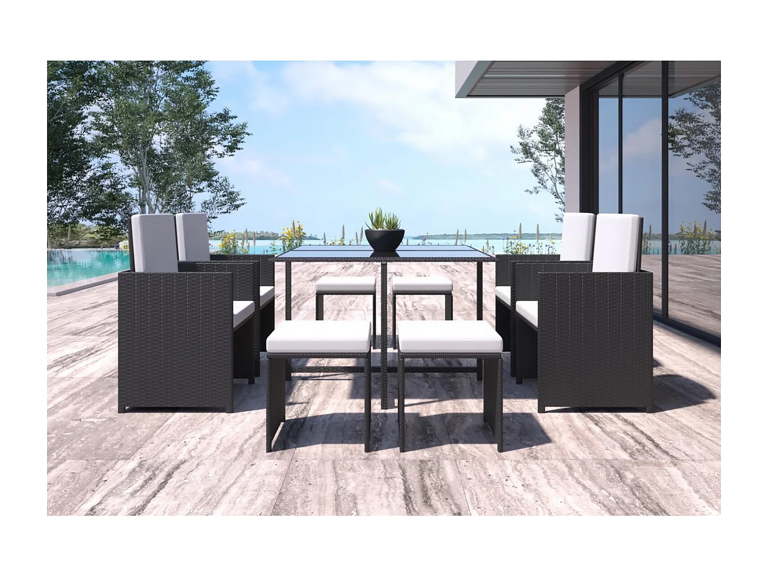 Loungeset 8 personen van zwart/wit gevlochten kunststof FLORIDA - Modern, in elkaar te schuiven, elegant