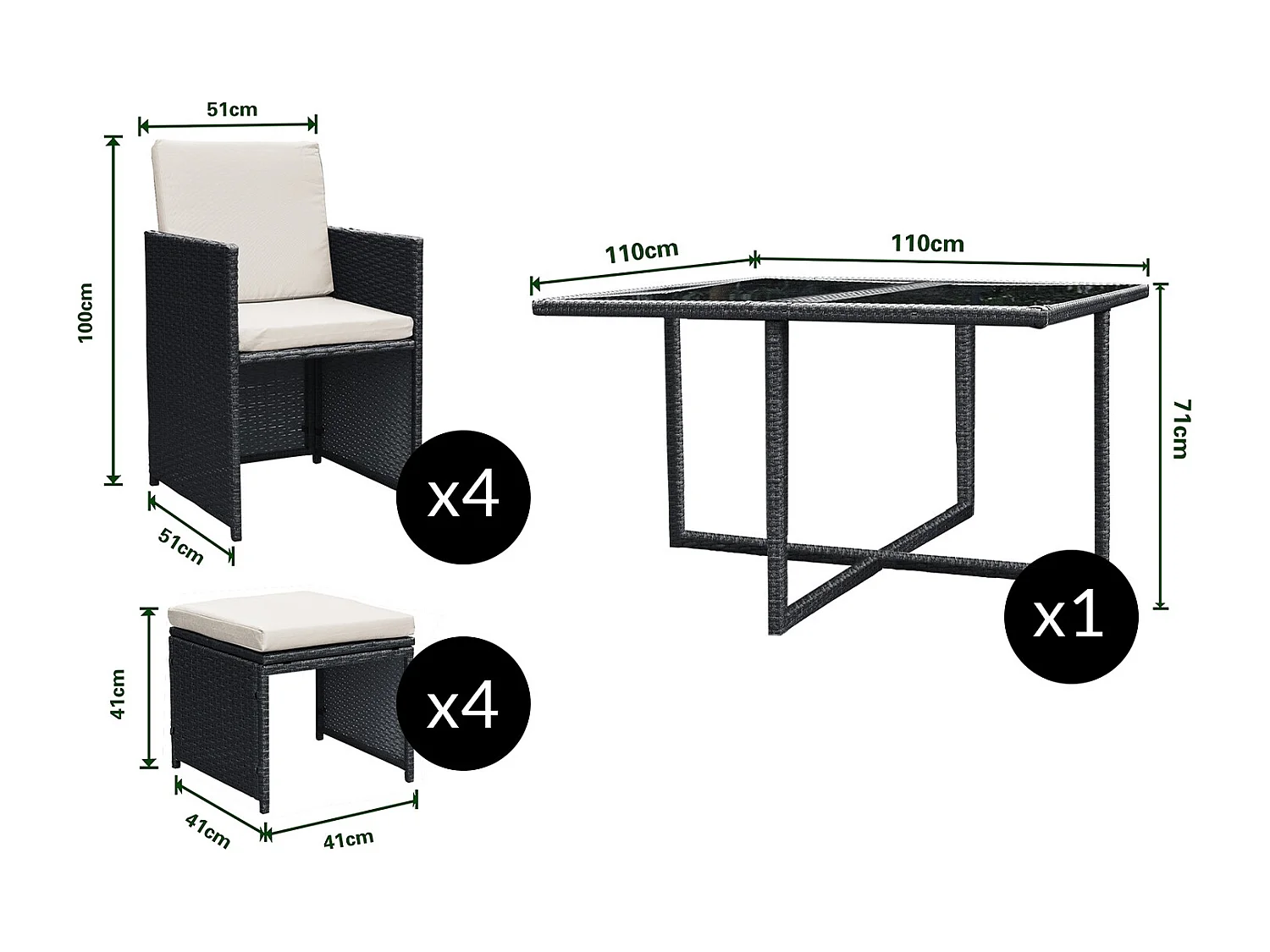 Loungeset 8 personen van zwart/wit gevlochten kunststof FLORIDA - Modern, in elkaar te schuiven, elegant