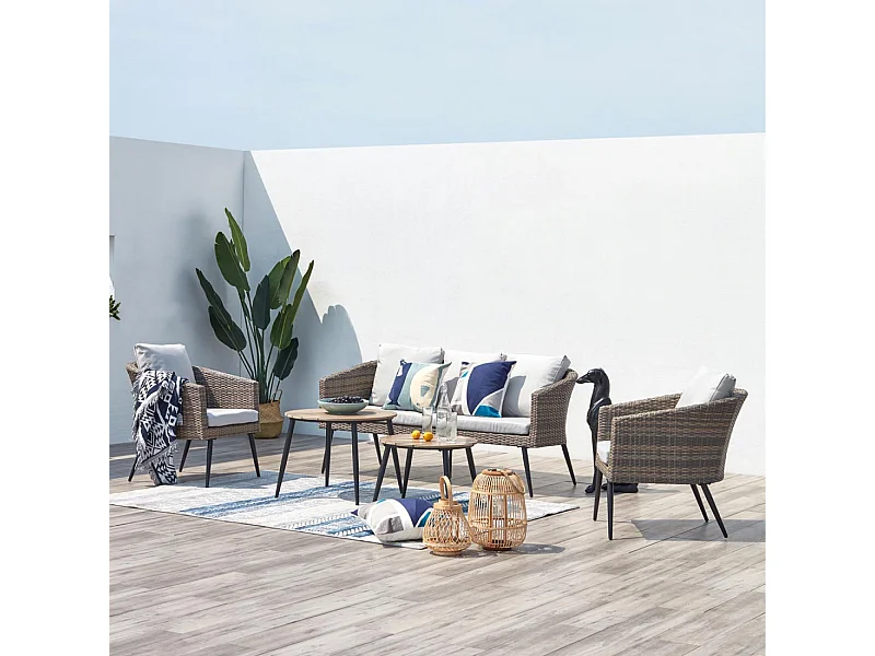 Salon de jardin scandinave 5 places en résine effet rotin et noir TIBOUTA