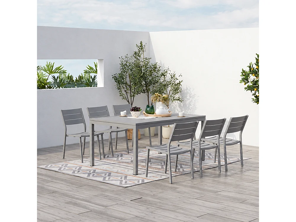 Table de jardin extensible 6-8 personnes avec 6 chaises en aluminium MEZZANE