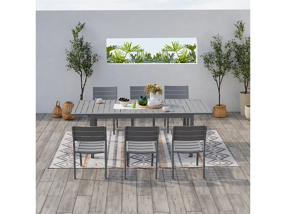 Table de jardin extensible 6-8 personnes avec 6 chaises en aluminium MEZZANE