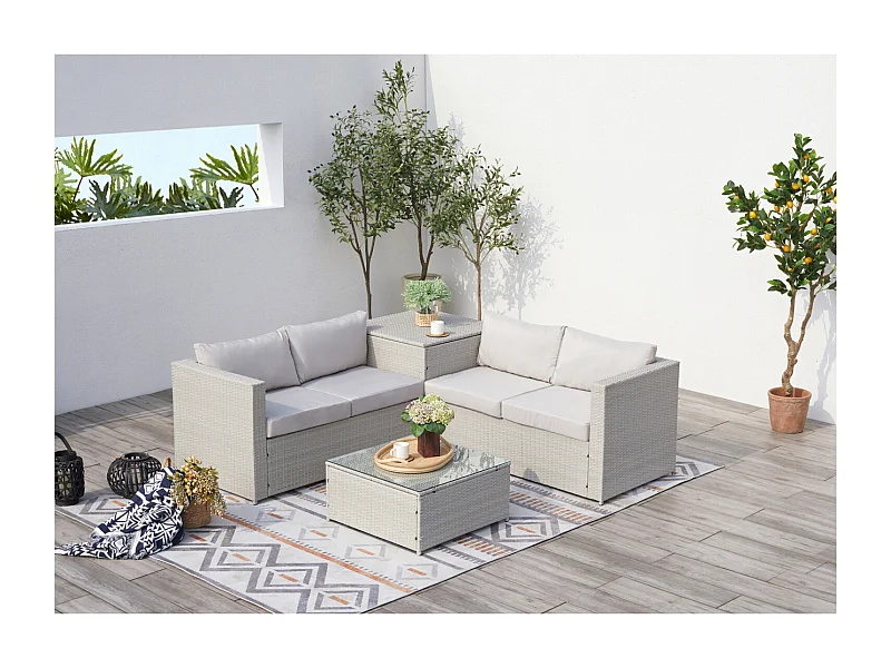 Loungeset 4-zits van lichtgrijze gevlochten hars met geïntegreerde opbergbox SILANG
