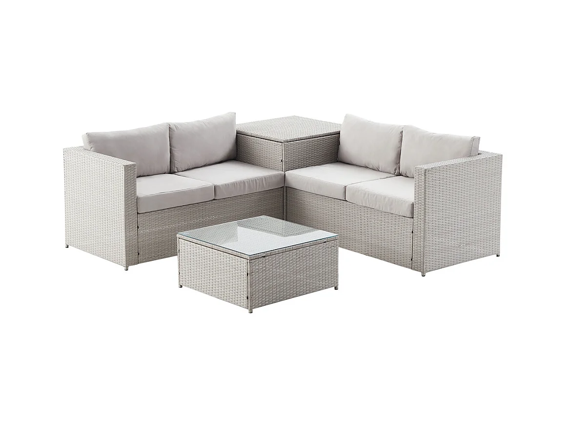 Salon de jardin en résine tressée 4 places avec coffre gris clair SILANG