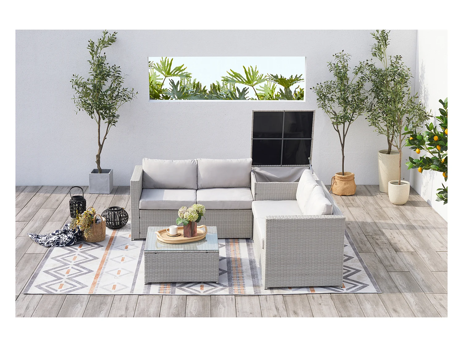 Salon de jardin en résine tressée 4 places avec coffre gris clair SILANG