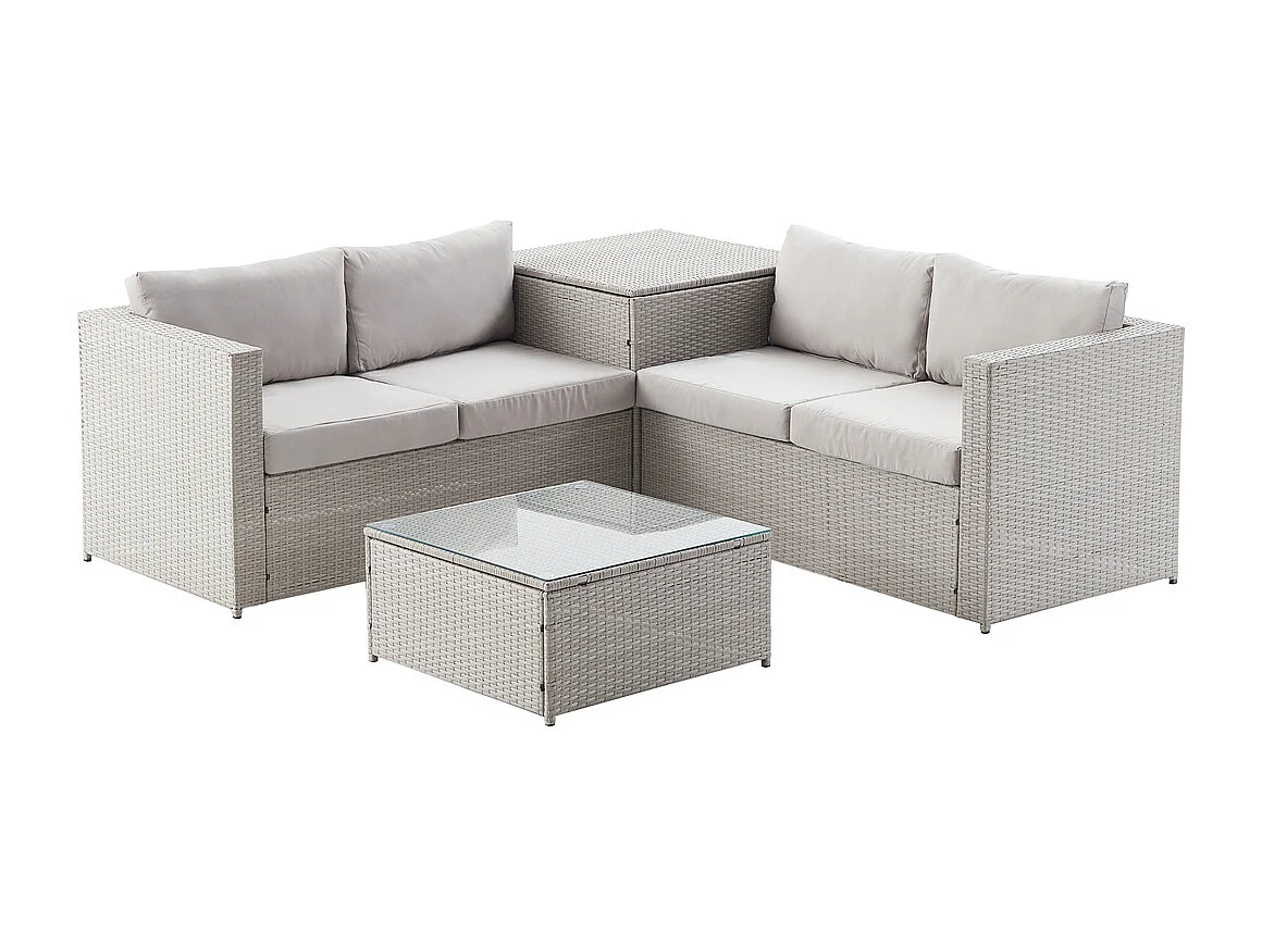 Salon de jardin en résine tressée 4 places avec coffre gris clair SILANG