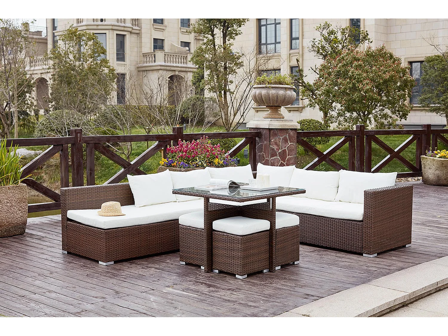 Salon de jardin encastrable 10 places en résine marron-blanc FIDJI