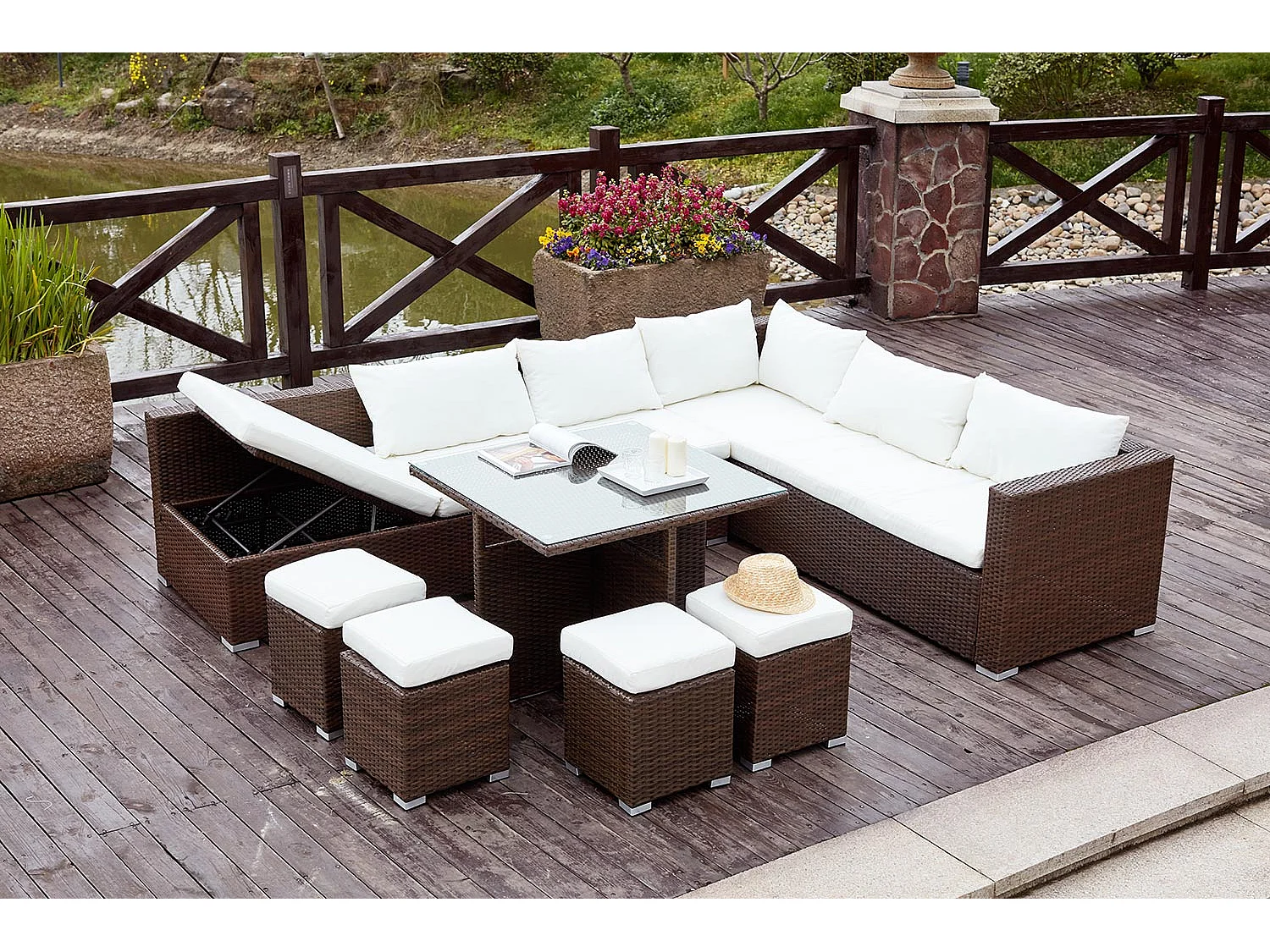 Salon de jardin encastrable 10 places en résine marron-blanc FIDJI