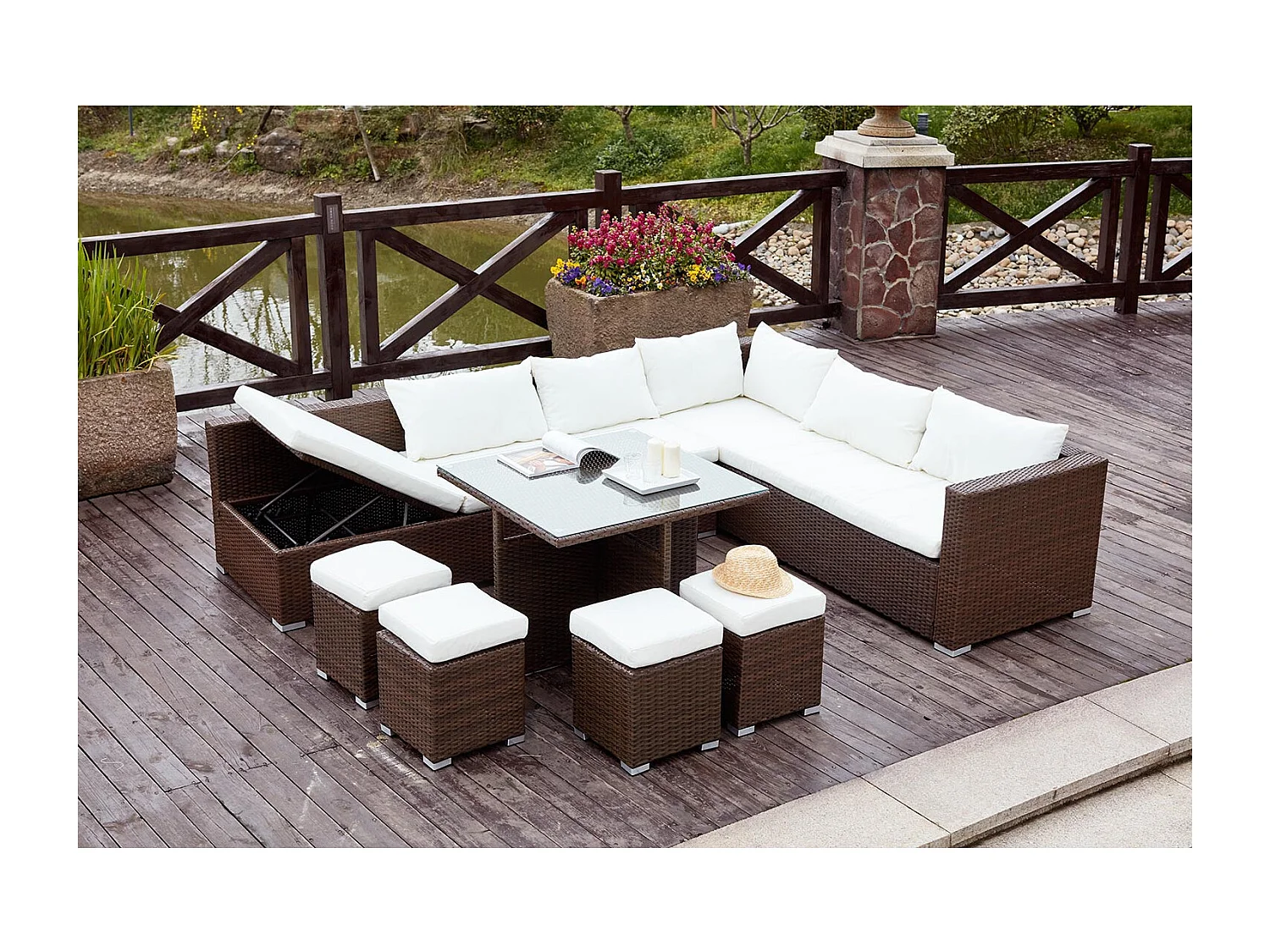 Salon de jardin encastrable 10 places en résine marron-blanc FIDJI