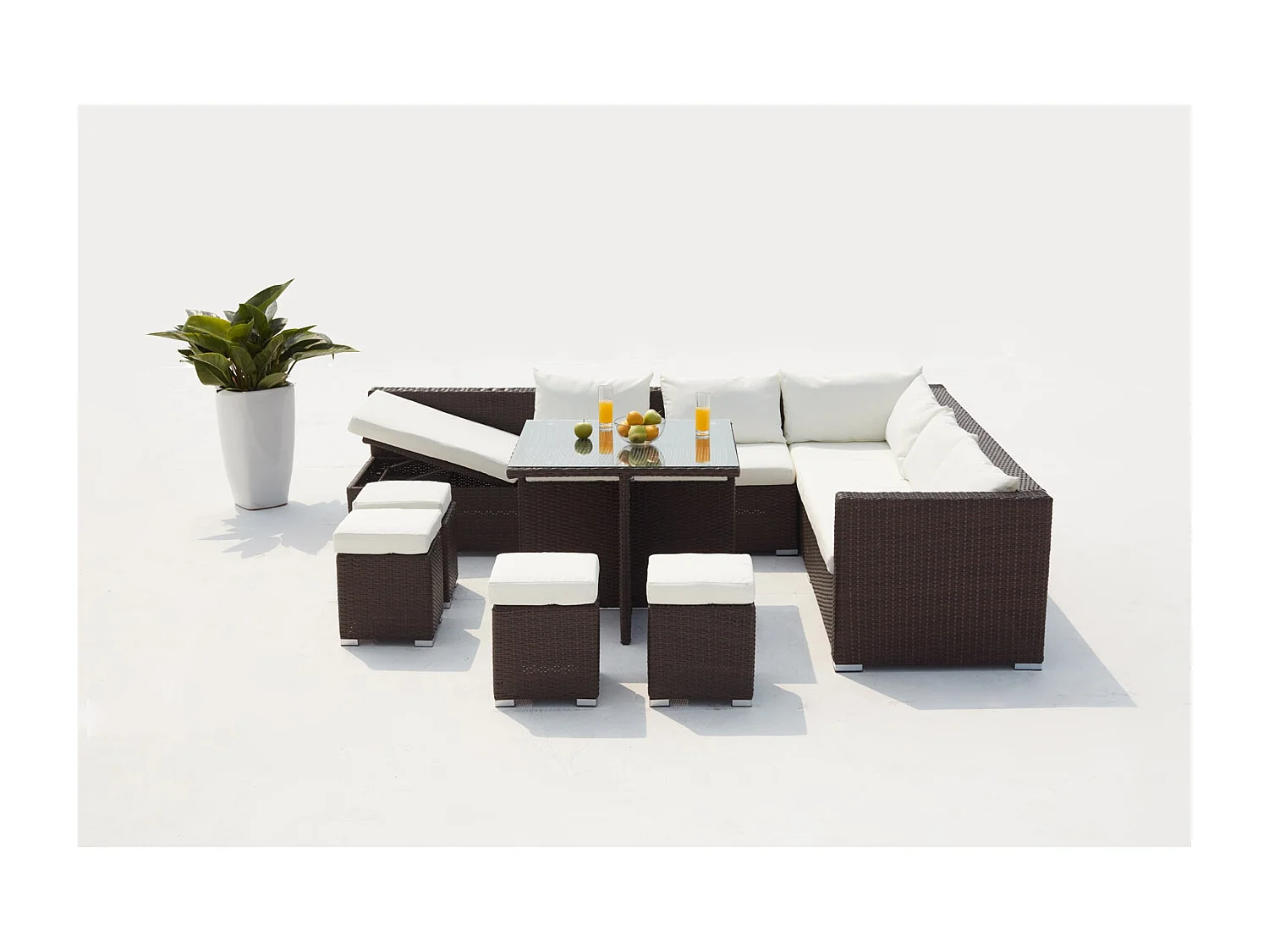 Salon de jardin encastrable 10 places en résine marron-blanc FIDJI