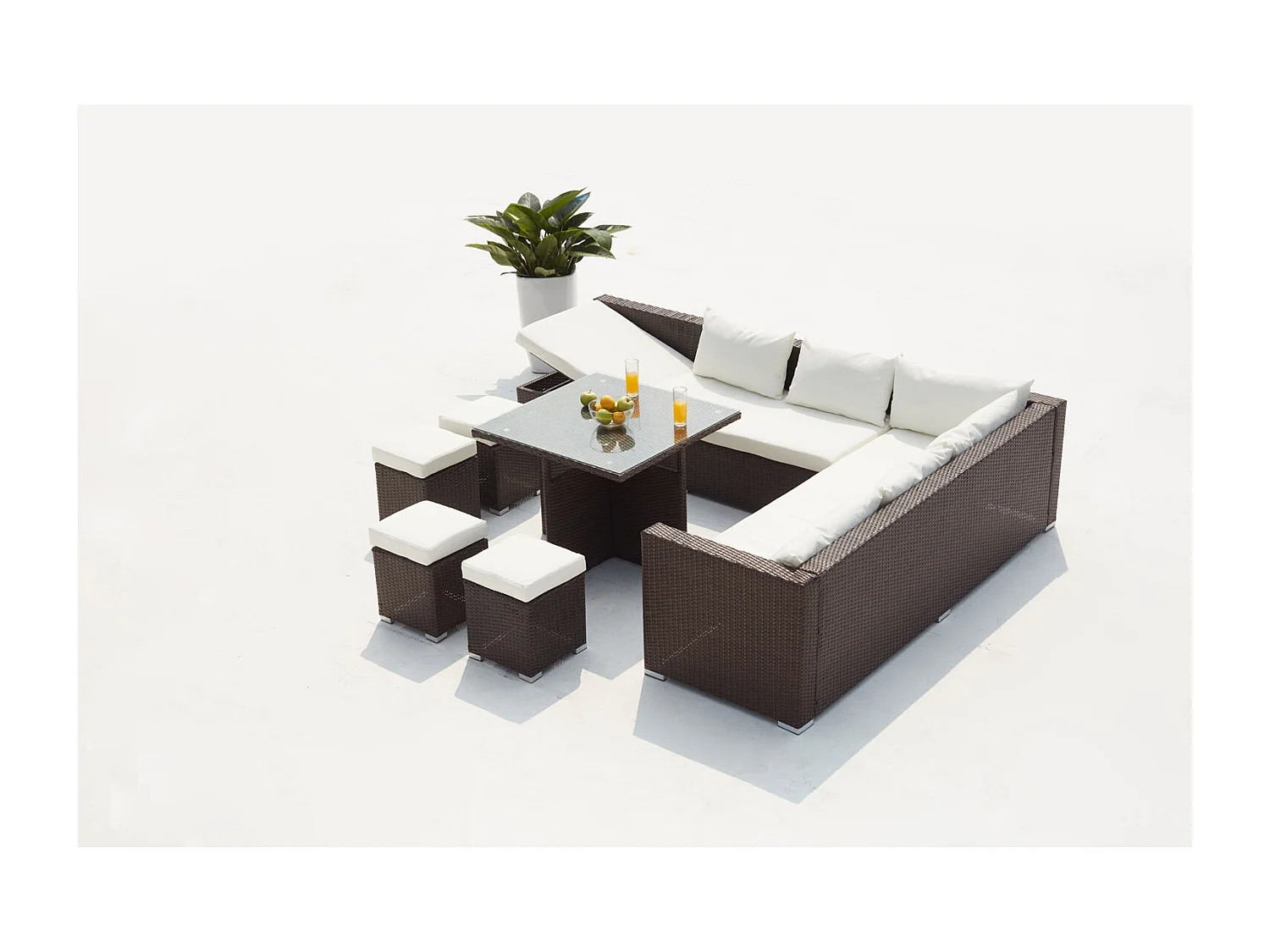 Salon de jardin encastrable 10 places en résine marron-blanc FIDJI