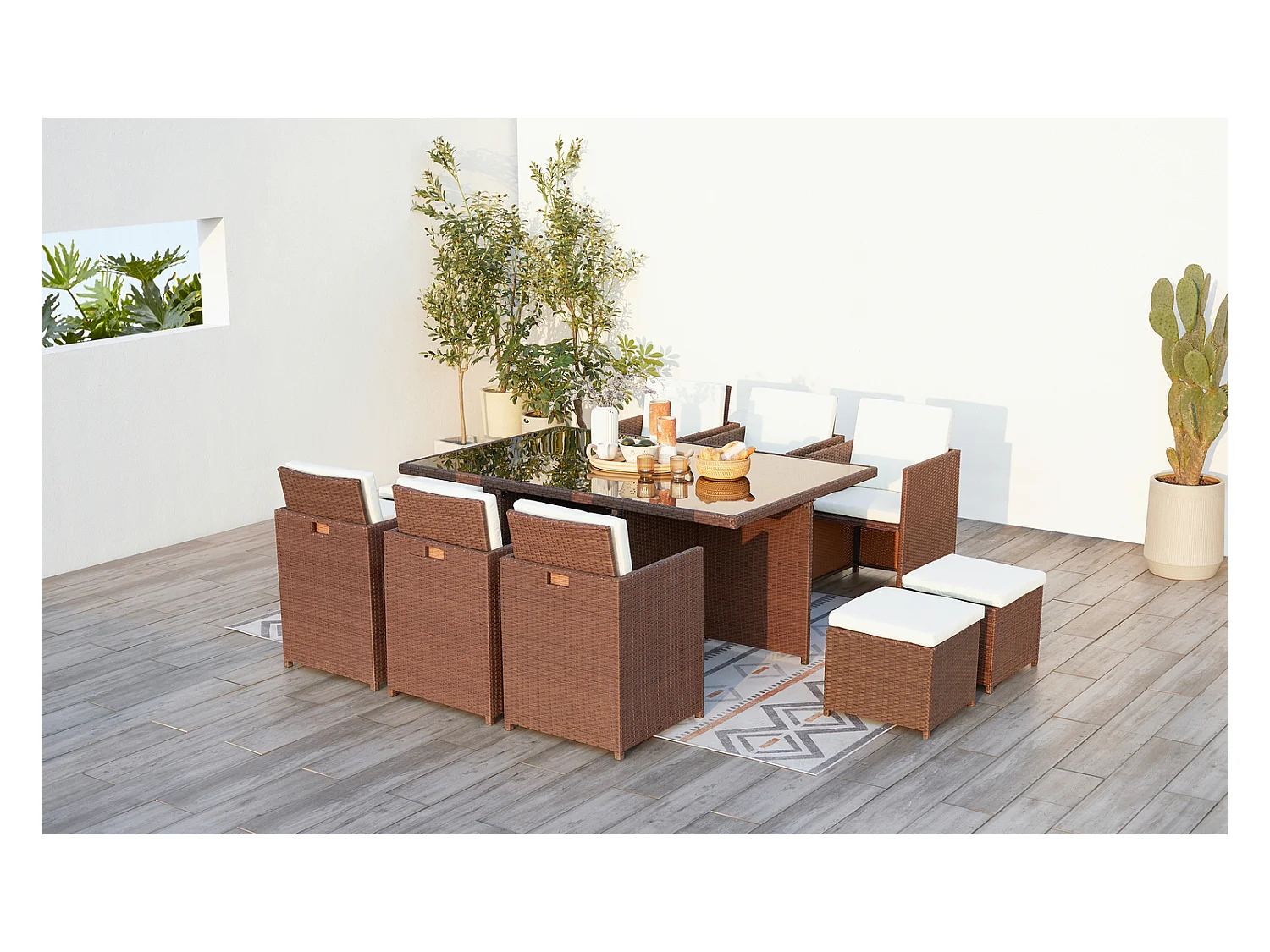 Table et chaises 10 places encastrables résine marron-blanc MONACO