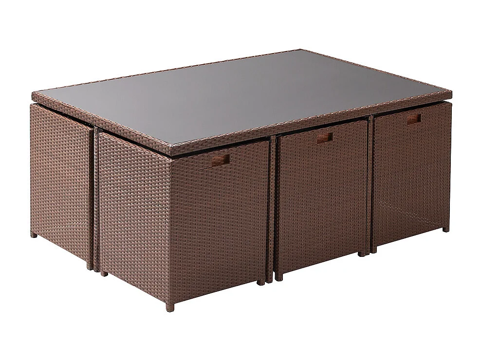 Table et chaises 10 places encastrables résine marron-blanc MONACO