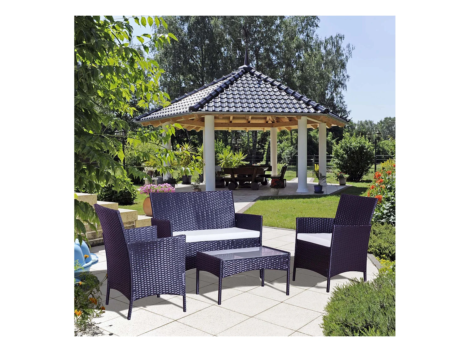 Salotto da giardino 4 posti in resina intrecciata bianco/nero MYKONOS