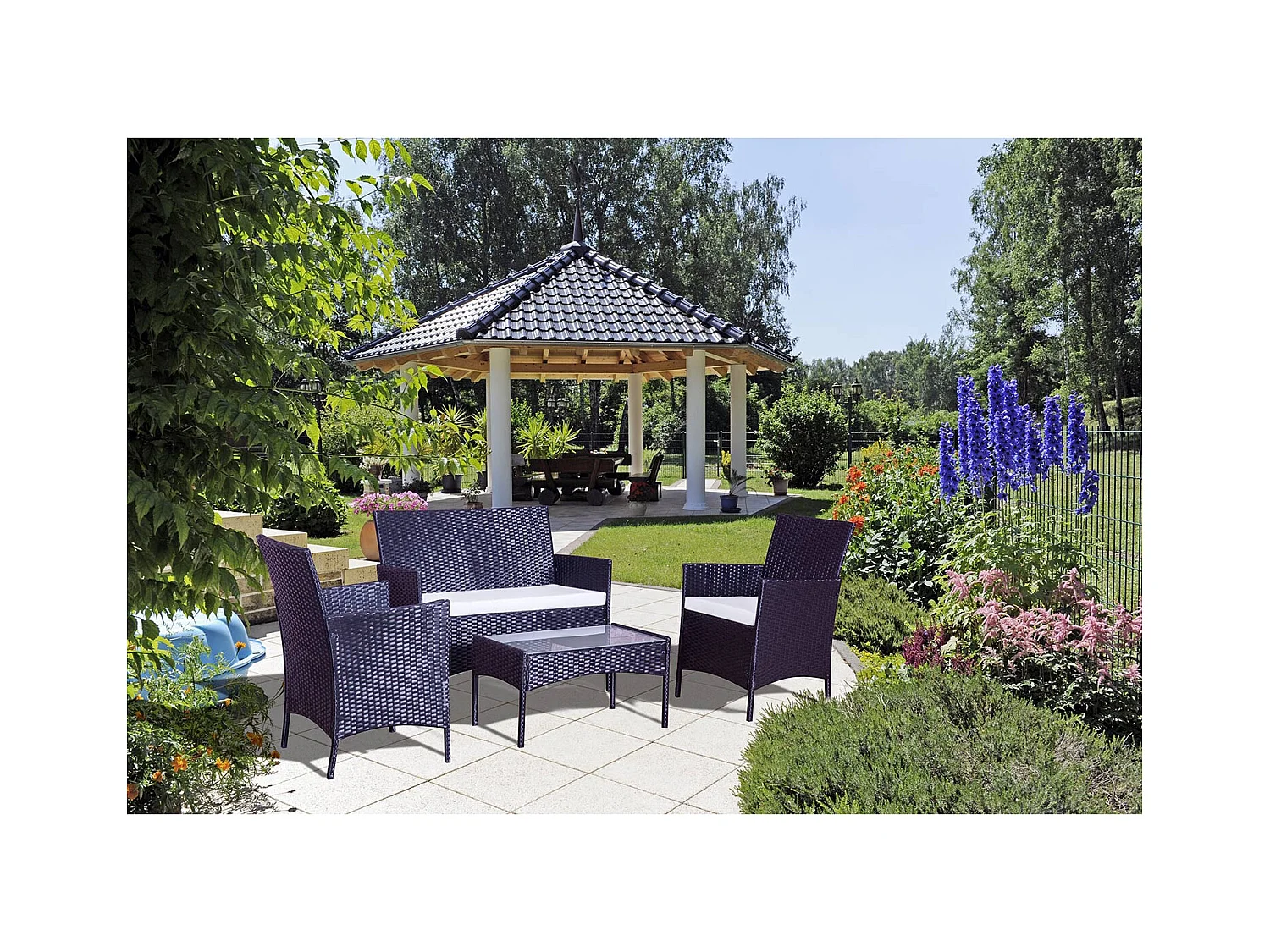 Salotto da giardino 4 posti in resina intrecciata bianco/nero MYKONOS