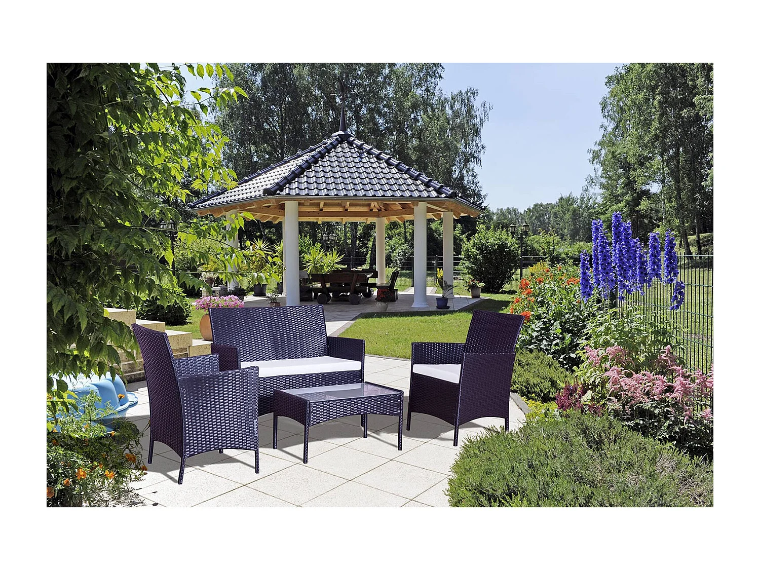 Salon de jardin 4 places en résine tressée Noir et blanc MYKONOS