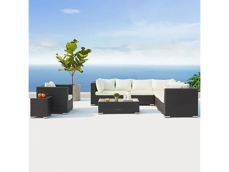 Salotto da giardino 8 posti in resina intrecciata nero/bianco SALENTO