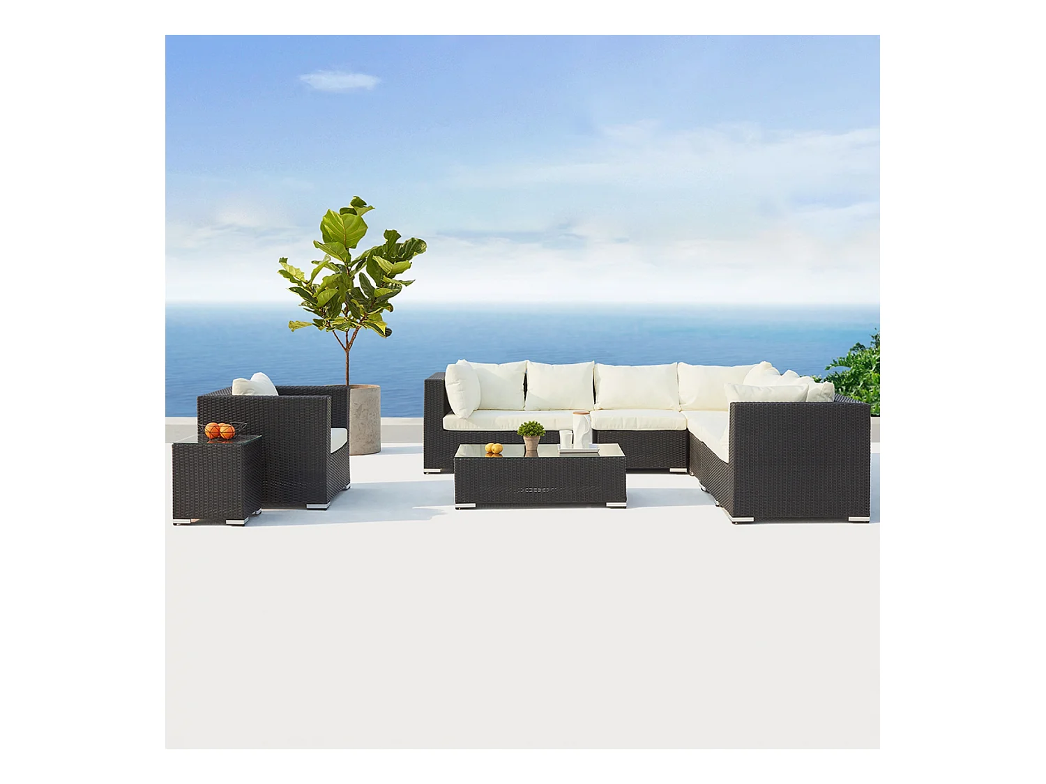 Salotto da giardino 8 posti in resina intrecciata nero/bianco SALENTO