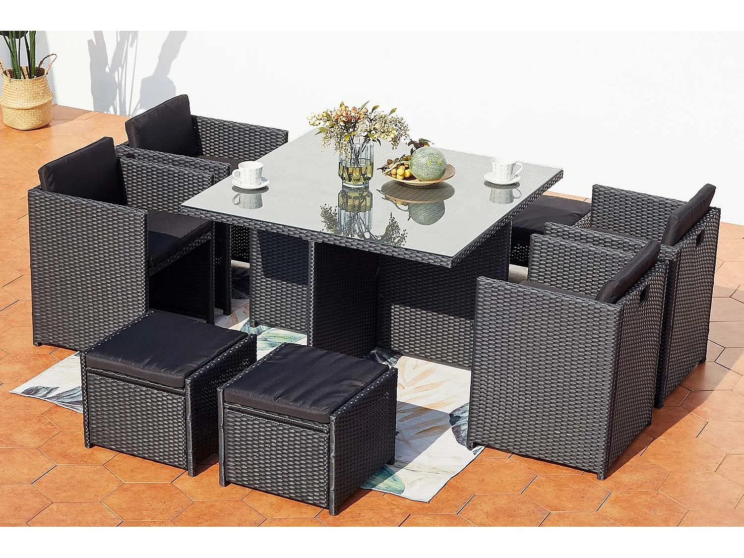 Conjunto de Jardim 8 Lugares em Rattan Sintético Preto/Preto - Conjunto de Luxo Embutível com Mesa Retangular e Almofadas Impermeáveis