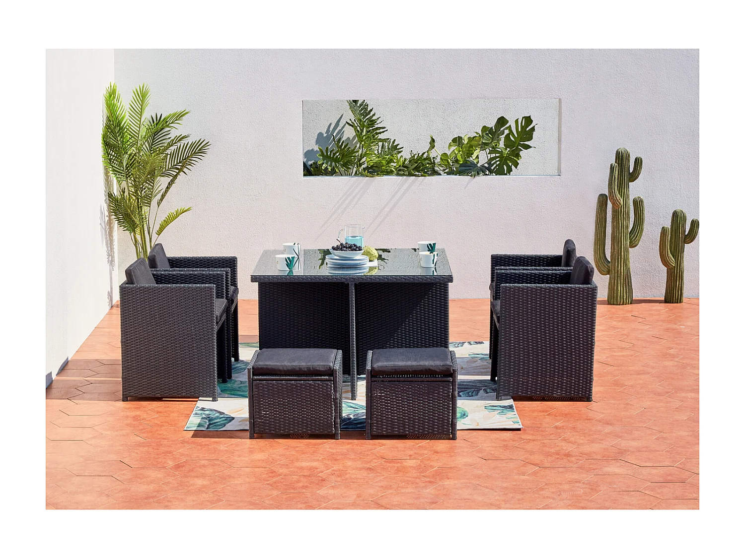 Conjunto de Jardim 8 Lugares em Rattan Sintético Preto/Preto - Conjunto de Luxo Embutível com Mesa Retangular e Almofadas Impermeáveis