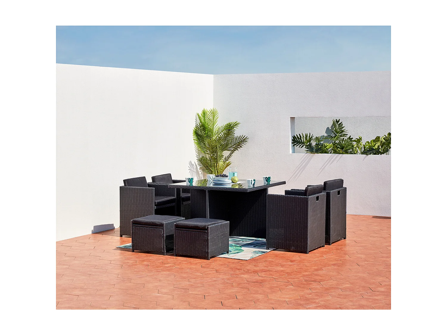 Conjunto de Jardim 8 Lugares em Rattan Sintético Preto/Preto - Conjunto de Luxo Embutível com Mesa Retangular e Almofadas Impermeáveis