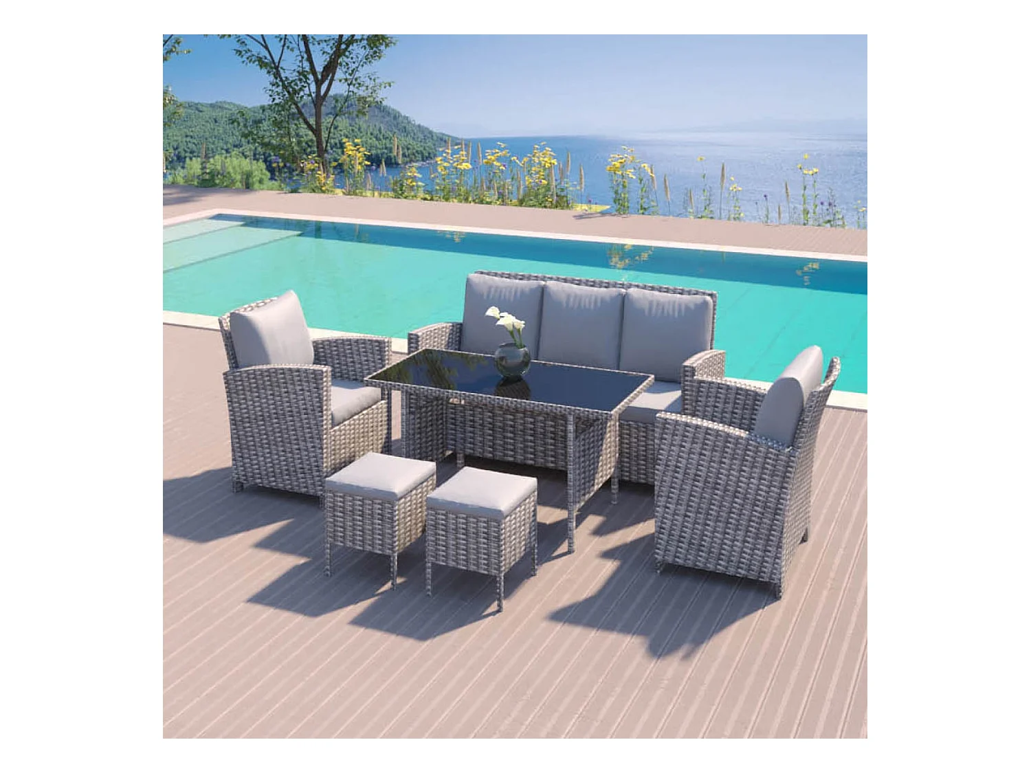 Salon de jardin 7 places en résine tressée gris clair MODENA