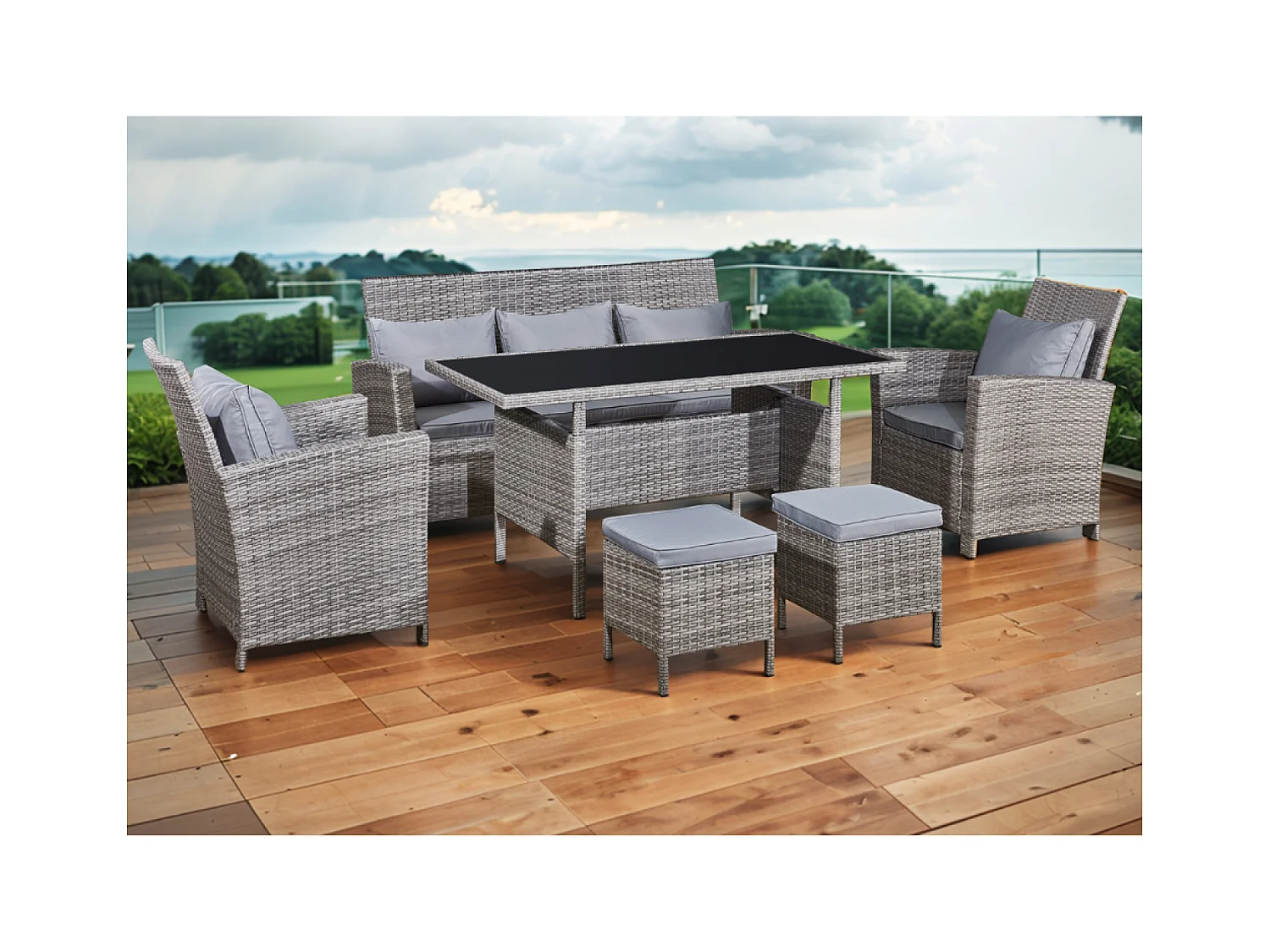 Salon de jardin 7 places en résine tressée gris clair MODENA
