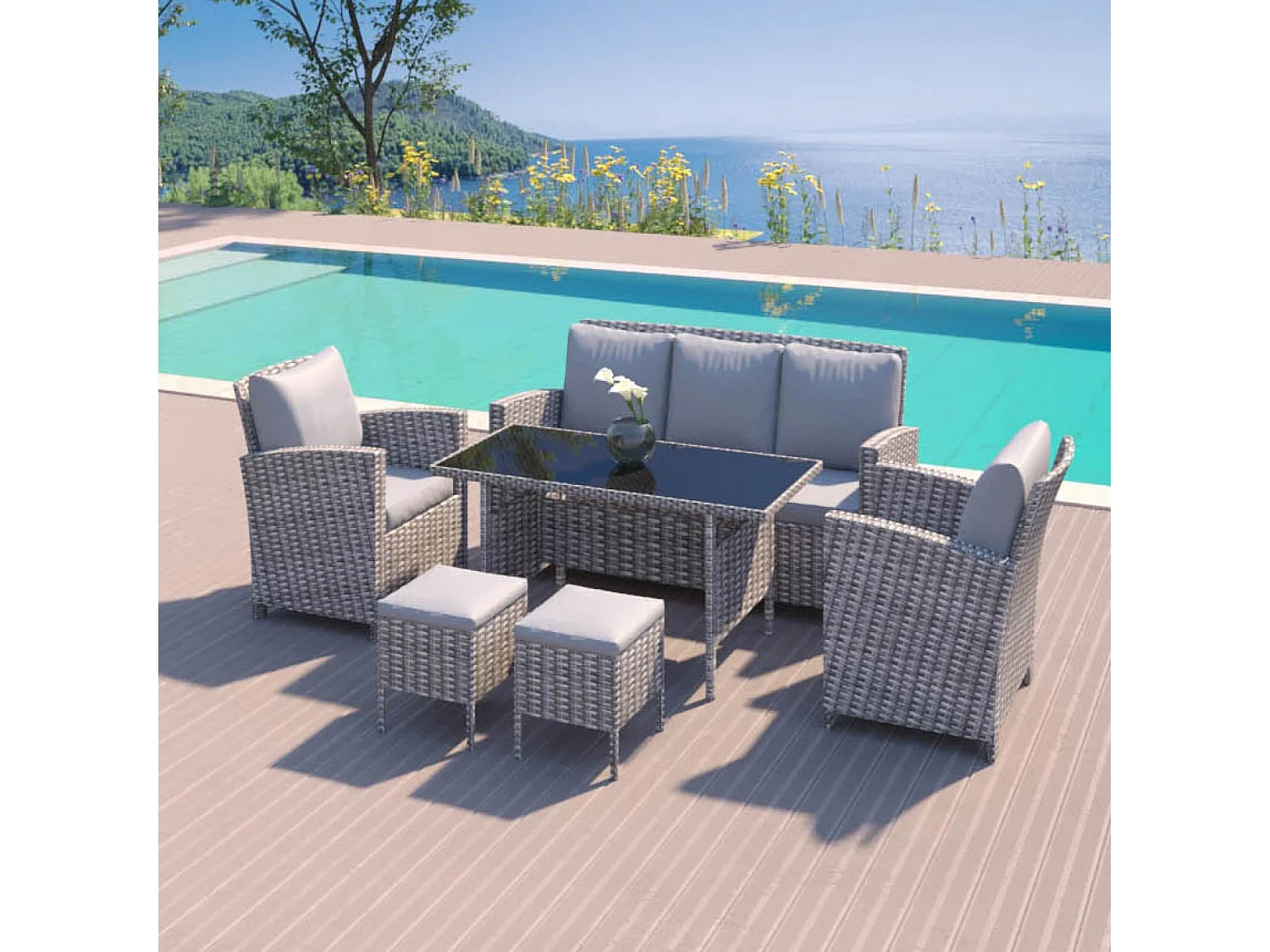 Conjunto de jardim 7 lugares em resina entrançada cinza claro MODERNA