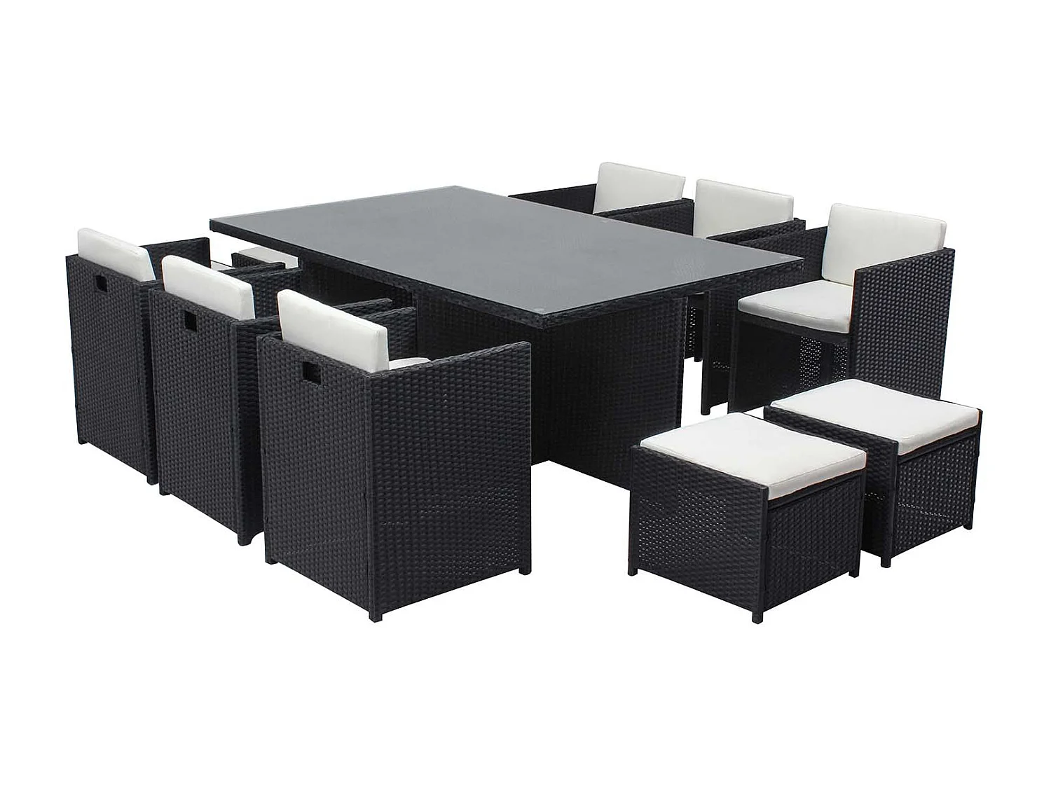 Table et chaises 10 places encastrables résine noir-blanc MIAMI