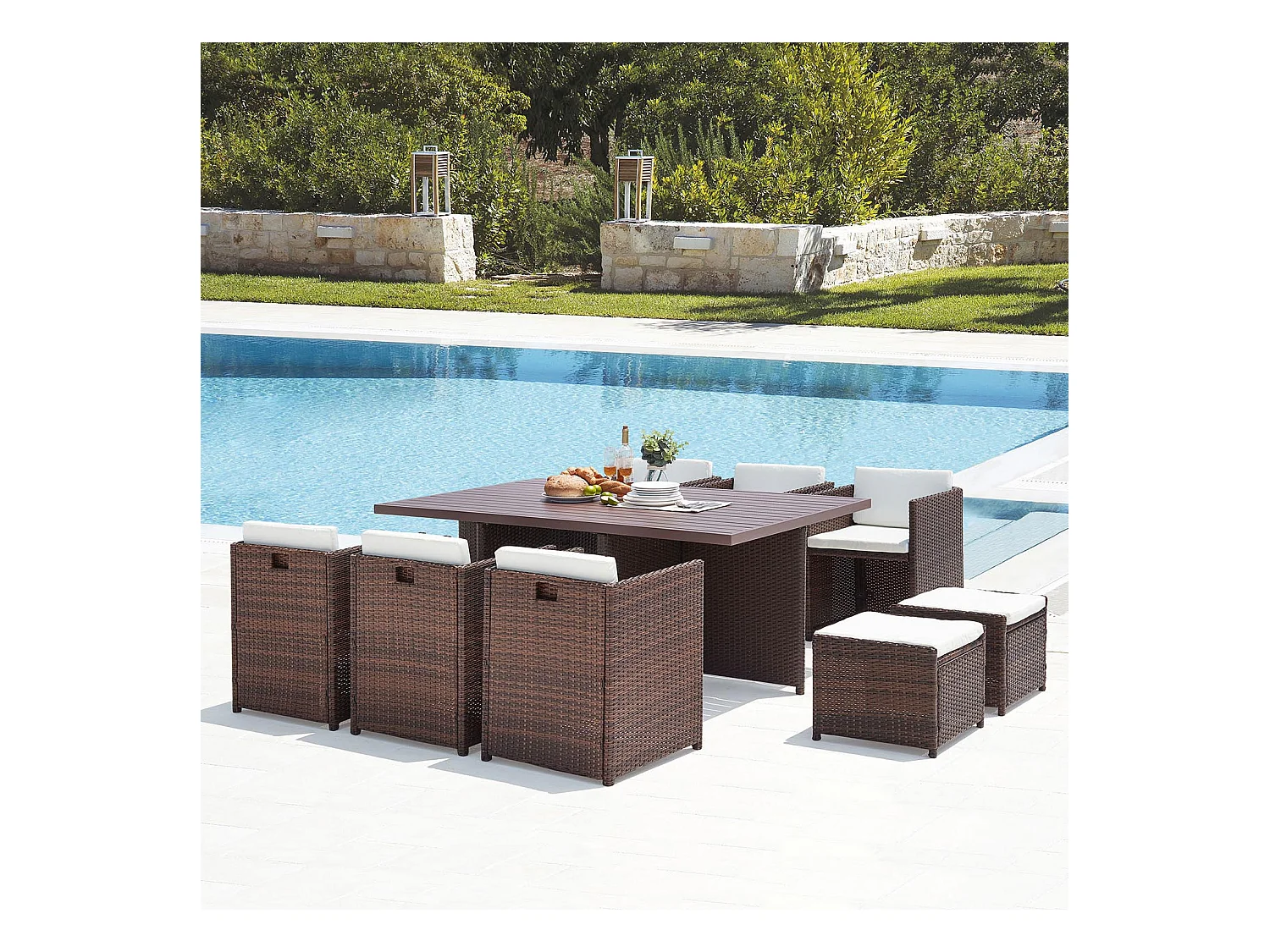 Table et chaise 10 places encastrables alu résine marron-blanc SUNSET
