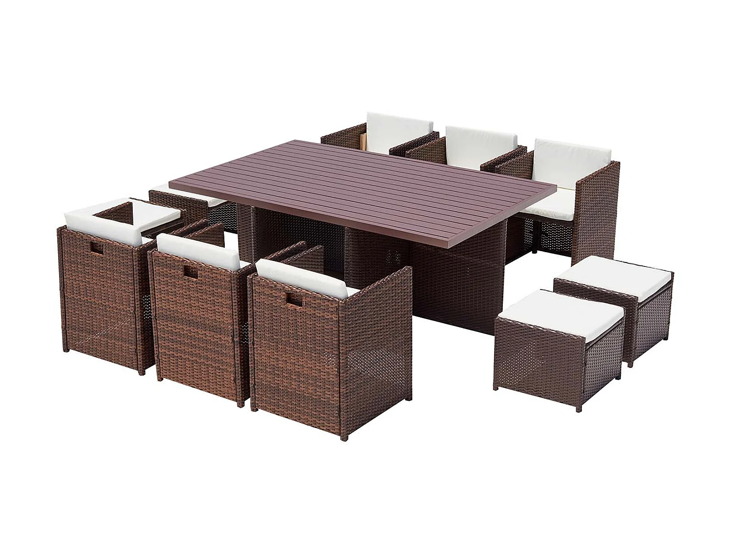 Table et chaise 10 places encastrables alu résine marron-blanc SUNSET