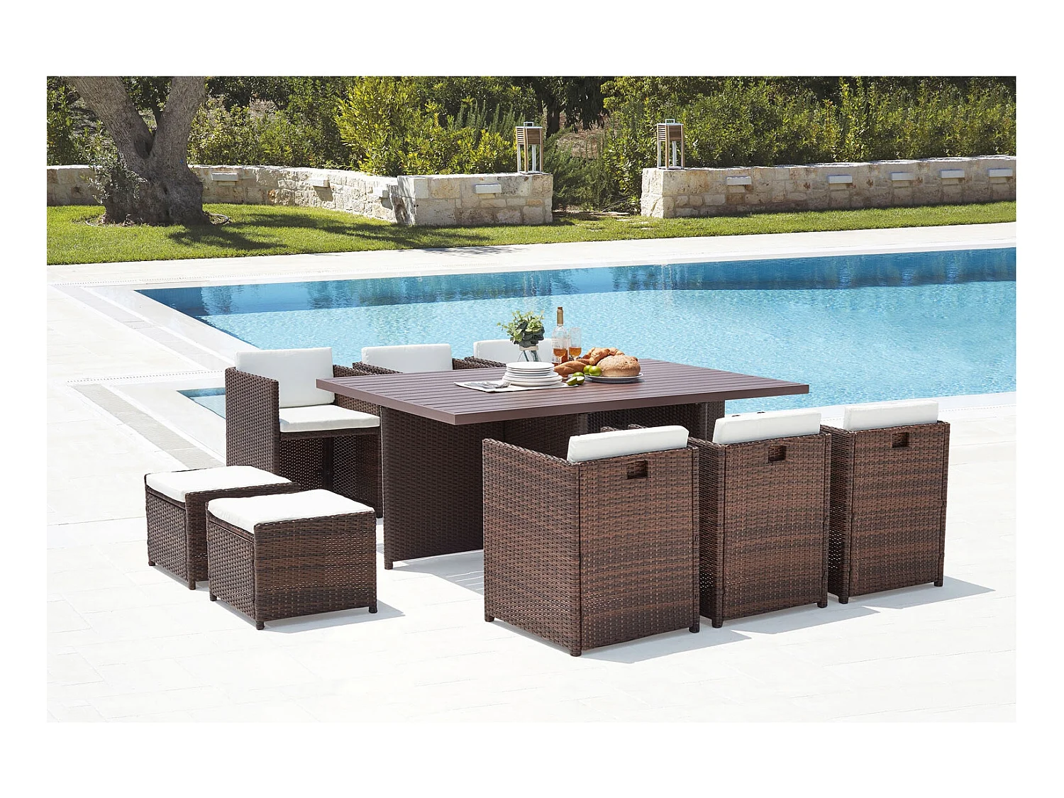 Table et chaise 10 places encastrables alu résine marron-blanc SUNSET