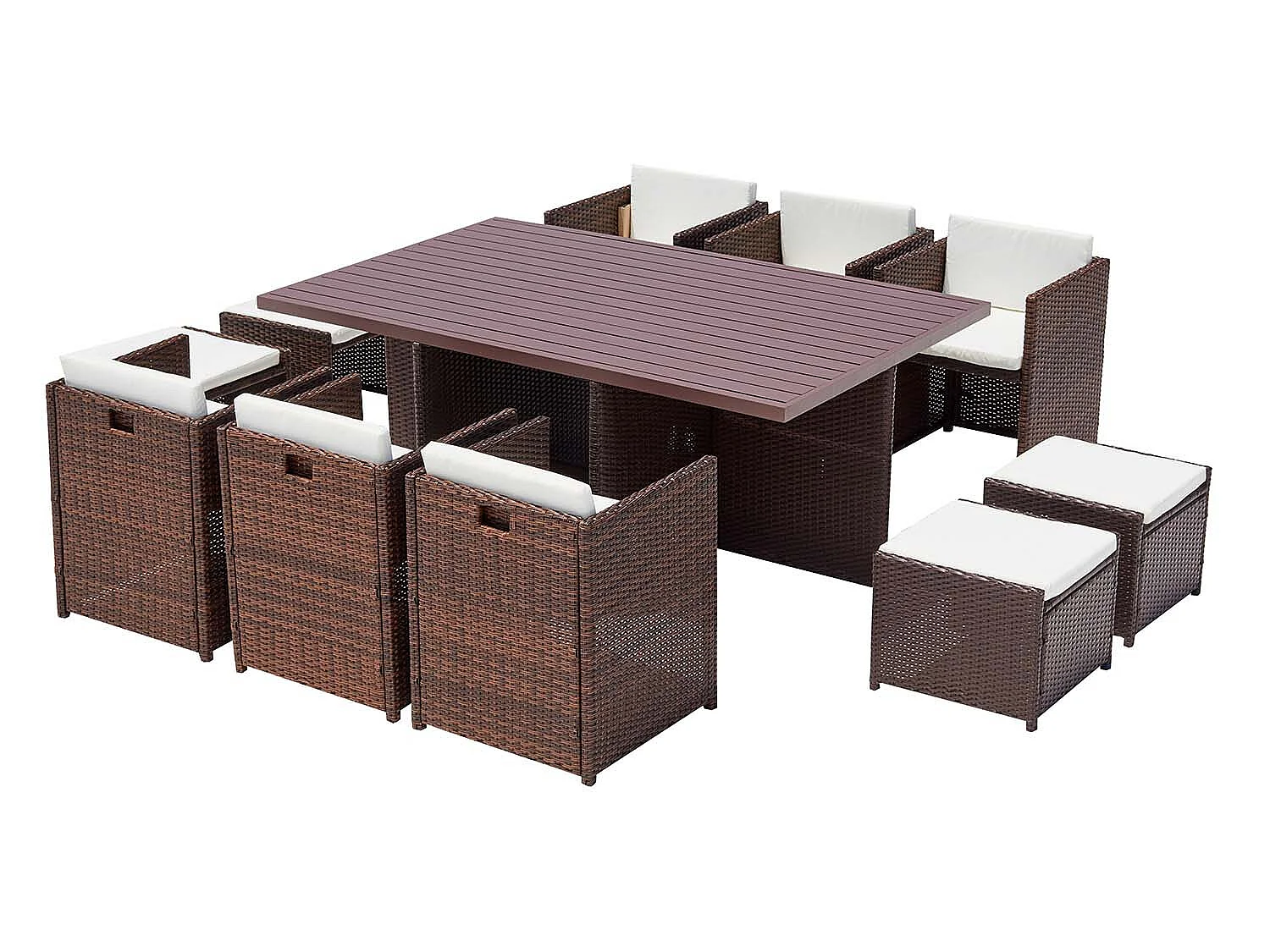 Table et chaise 10 places encastrables alu résine marron-blanc SUNSET