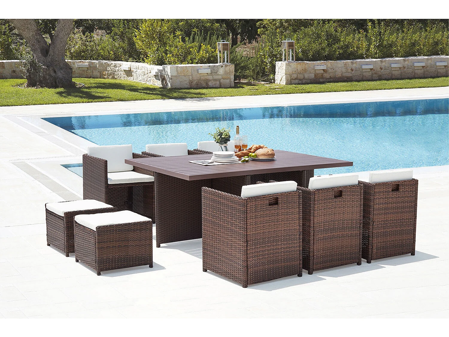 Table et chaise 10 places encastrables alu résine marron-blanc SUNSET